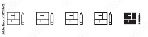 Floor plan icons in black outline, solid and colored style