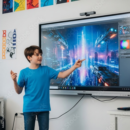 Young boy interacting with futuristic city display on interactive whiteboard screen