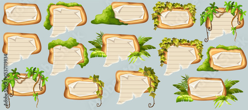 Wooden signboards with old paper, stems ivy, liana, grapes, vine, swamp moss, forest lichen. Set isolated wooden elements with blank, with school page in line, ragged graph paper. 