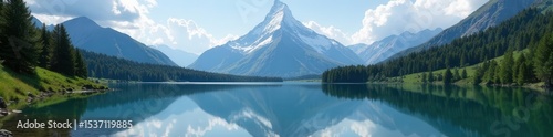 Majestic peak reflected in serene lake Stunning alpine vista , peaceful, exploration