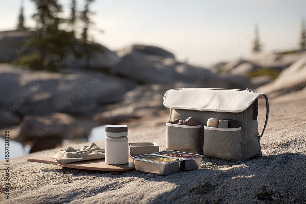 Outdoor picnic setup on a rocky surface near a tranquil body of water surrounded by nature Outdoor picnic setup on a rocky surface near a tranquil body of water surrounded by nature