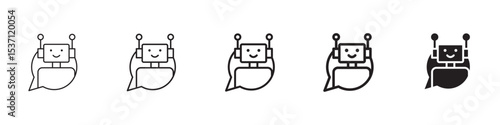 Chatbot speech bubble icons in black outline, solid and colored style
