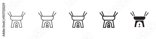Fondue pot icons in black outline, solid and colored style