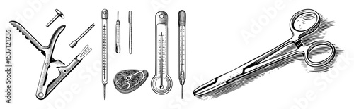Vector Vintage medical instruments featuring forceps thermometer and scissors.
