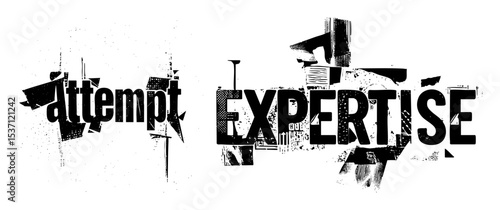 Vector Bold typographic featuring attempt and expertise words with distressed vector elements.