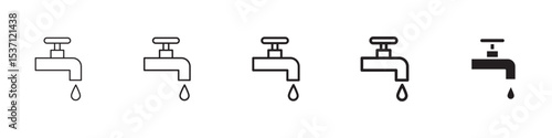 Faucet drip icons in black outline, solid and colored style