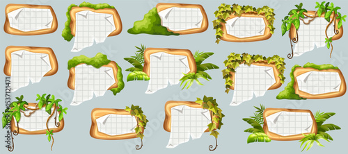 Wooden signboards with old paper, stems ivy, liana, grapes, vine, swamp moss, forest lichen. Set isolated wooden elements with blank, with ragged square graph paper, school math sheet. 