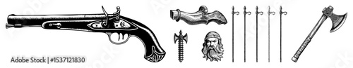 Vector Vintage weaponry collection featuring a flintlock pistol spears and a bearded warrior portrait.