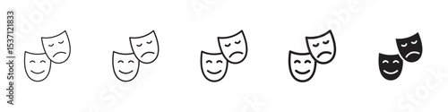 Theater masks icons in black outline, solid and colored style