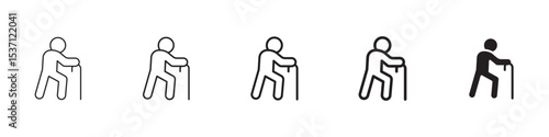 Person walking with cane icons in black outline, solid and colored style