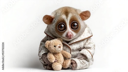 Cute primate in pajamas holding a teddy bear indoors