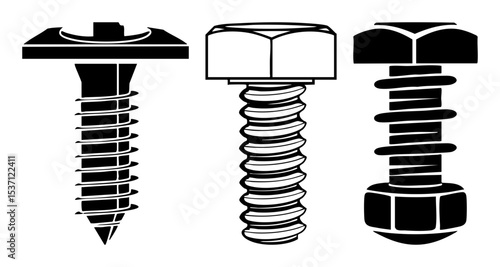 Vector Black vector illustrations of three distinct fasteners including a screw bolt and lag bolt.