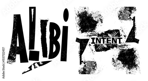 Vector Dramatic typographic featuring Alibi and Intent with fingerprint textures.