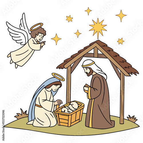 Holy family nativity scene angel star bethlehem
