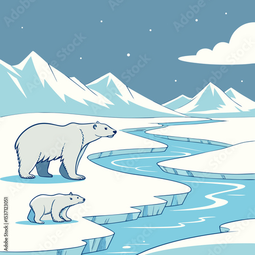 Polar bear and cub arctic landscape winter scene