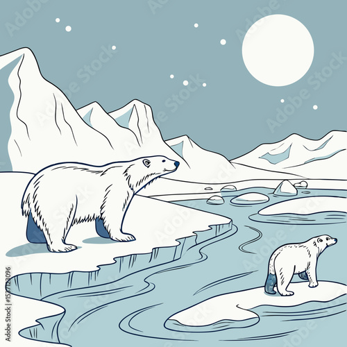Polar bears on ice floes arctic landscape night