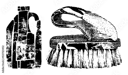 Vector Cleaning supplies featuring a detergent bottle and scrubbing brush.