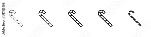 Candy cane icons in black outline, solid and colored style