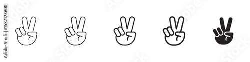 Hand peace icons in black outline, solid and colored style