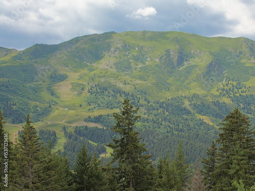 Green mountain landscape with forest under a cloudy sky in La Vanoise nature reserve, Savoie, France 