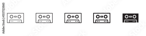 Cassette tape icons in black outline, solid and colored style