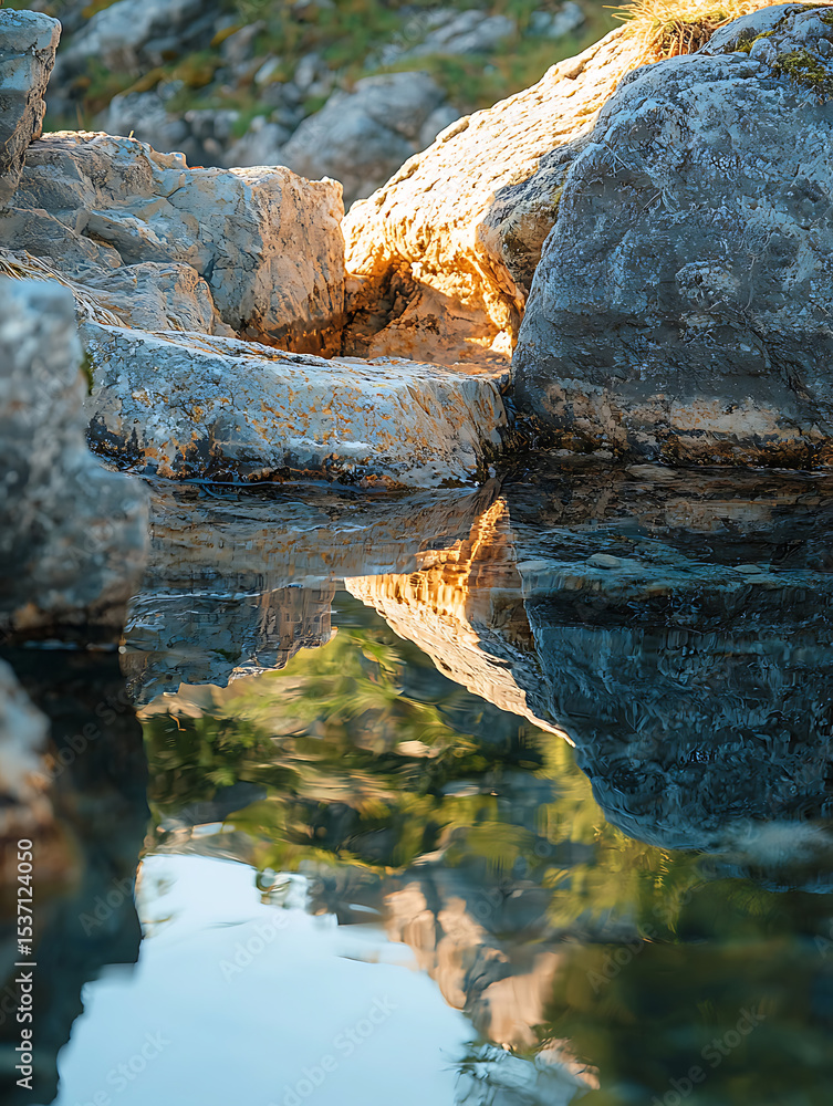 Fototapeta premium Natural mineral water source at sunset, Beverage Concept