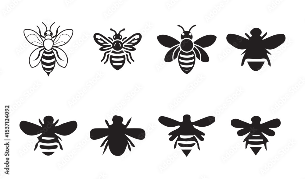 Fototapeta premium Bee Outline and Silhouette Set , Black Insect Vector illustration eps 10