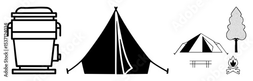 Vector Camping gear featuring a tent backpack and campfire .