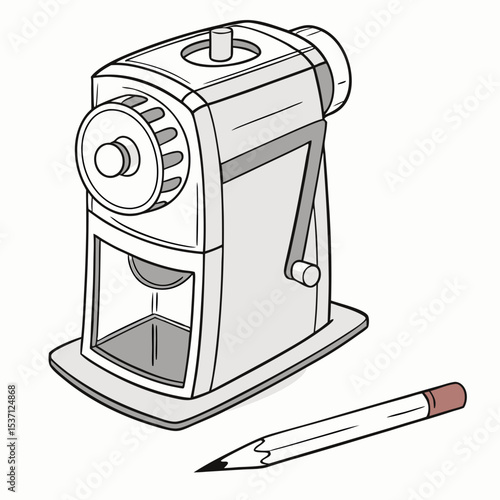 Hand crank pencil sharpener and pencil illustration