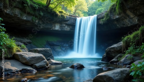 Fototapeta Naklejka Na Ścianę i Meble -  Rustic stone display, dramatic waterfall background, minimalist, background, water feature