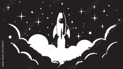 Black and white vector illustration of a Halloween witch with a night sky and moon
