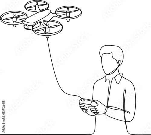 continuous single line drawing of a person flying a quadcopter drone with controller in modern black and white line art