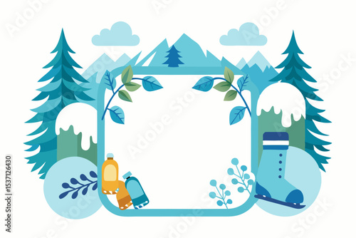 Charming Winter Scene Illustration with Mountains Trees and Ice Skates perfect for seasonal designs and holiday greetings