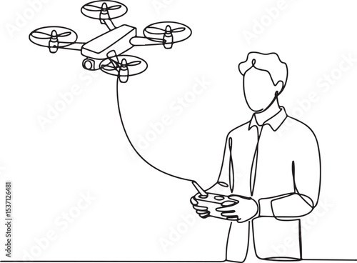 continuous single line drawing of a person flying a quadcopter drone with controller in modern black and white line art
