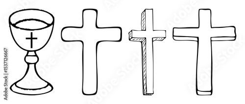 Vector Religious symbols featuring a chalice and various cross designs.
