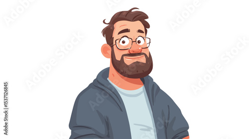 The image is a digital illustration of a cartoon man.  He has brown hair, a brown beard, and is wearing round glasses and a gray zip-up hoodie over a white t-shirt. His expression is pleasant 