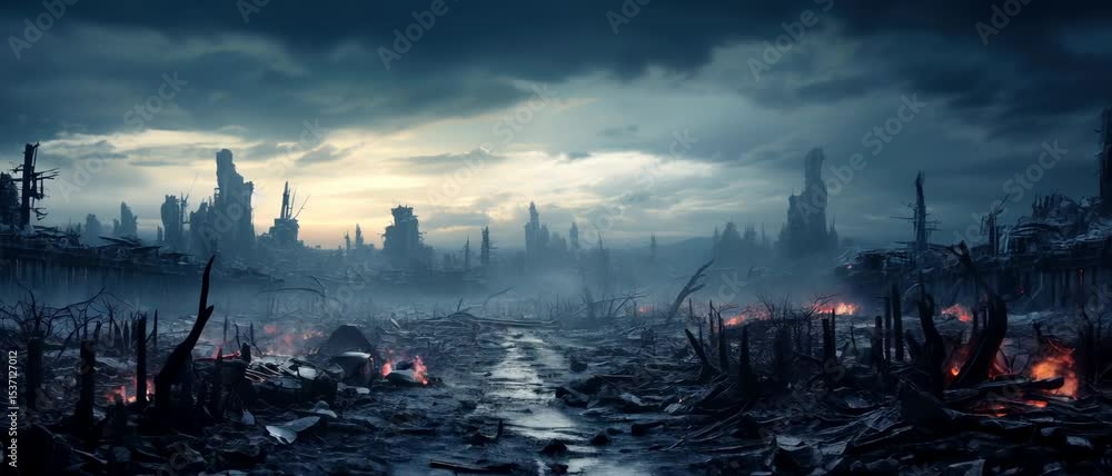 Post apocalypse after World war, apocalyptic destroyed city, panoramic view of futuristic landscape. Concept of destruction, disaster.