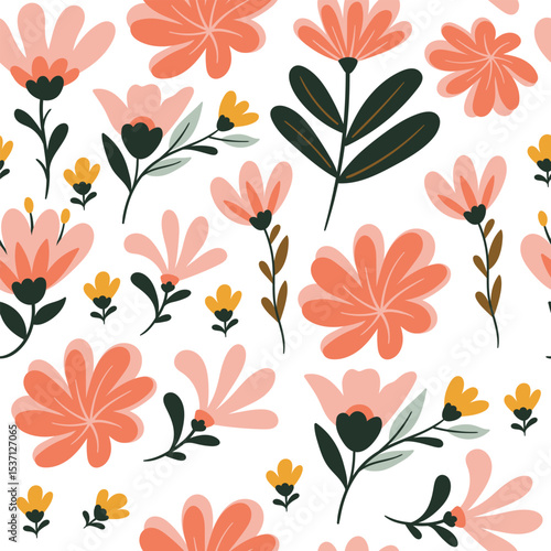 Seamless floral pattern with colorful flat design flowers and leaves on white background. Perfect for fabric, wallpaper, wrapping paper, and spring-themed design projects