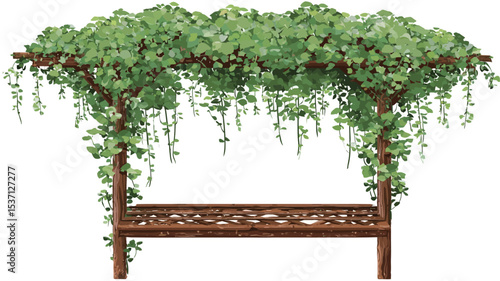 The image shows a digitally rendered illustration of a rustic brown wooden bench beneath a wooden trellis completely covered with lush green vines and leaves. The bench has a carved or patterned