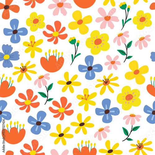 Seamless floral pattern with colorful flat design flowers and leaves on white background. Perfect for fabric, wallpaper, wrapping paper, and spring-themed design projects