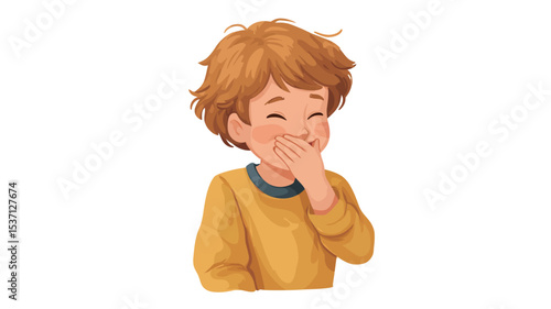 A digital illustration of a young boy with short, light brown hair. He is depicted from the chest up, wearing a mustard-yellow long-sleeved shirt.  His face is turned slightly towards the viewer