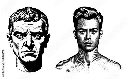 Vector Detailed engravings of two masculine faces showcase classic portraiture.