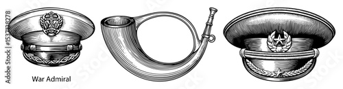 Vector Vintage naval headgear and signaling horn .