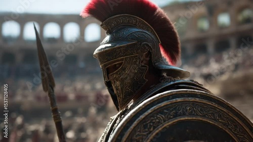 Gladiator in Armor Stands Ready in Ancient Arena
