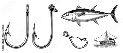Vector Vintage fishing elements including hooks tuna and boat .