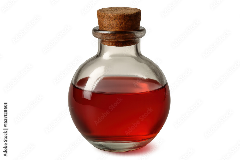 Glass bottle with cork stopper holding red liquid, minimalist design against transparent backdrop Glass bottle with cork stopper holding red liquid, minimalist design against transparent backdrop