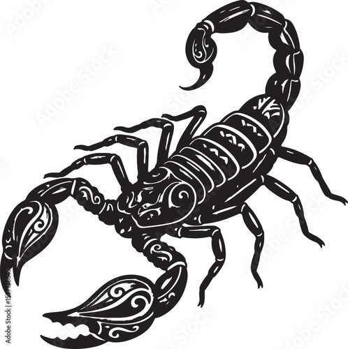 Black and White Ornate Scorpion Illustration Detailed Arthropod Design with Swirling Patterns Intricate Body Segments Venomous
