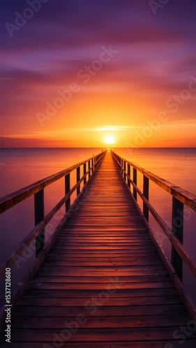 Wooden pier leading to sunrise or sunset over calm water