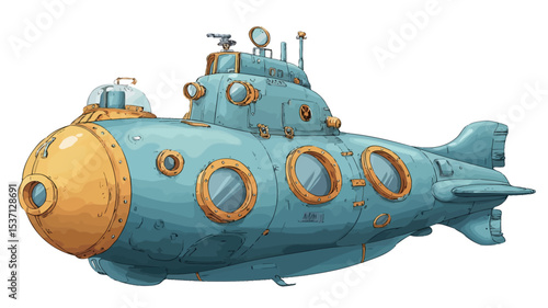 Digital illustration of a whimsical steampunk-style submarine. The submarine is predominantly teal blue with yellow accents on the bow.  It features numerous portholes, visible rivets