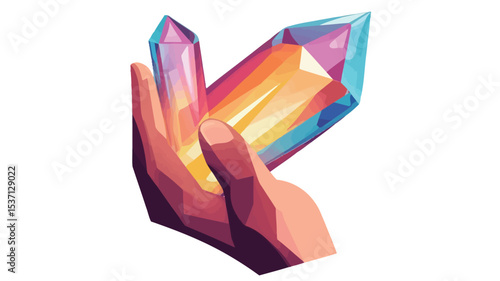 A stylized illustration of a hand gently cradling two brightly colored, crystalline structures. The crystals exhibit a gradient of warm and cool tones, with hues of pink, orange, yellow, and blue.